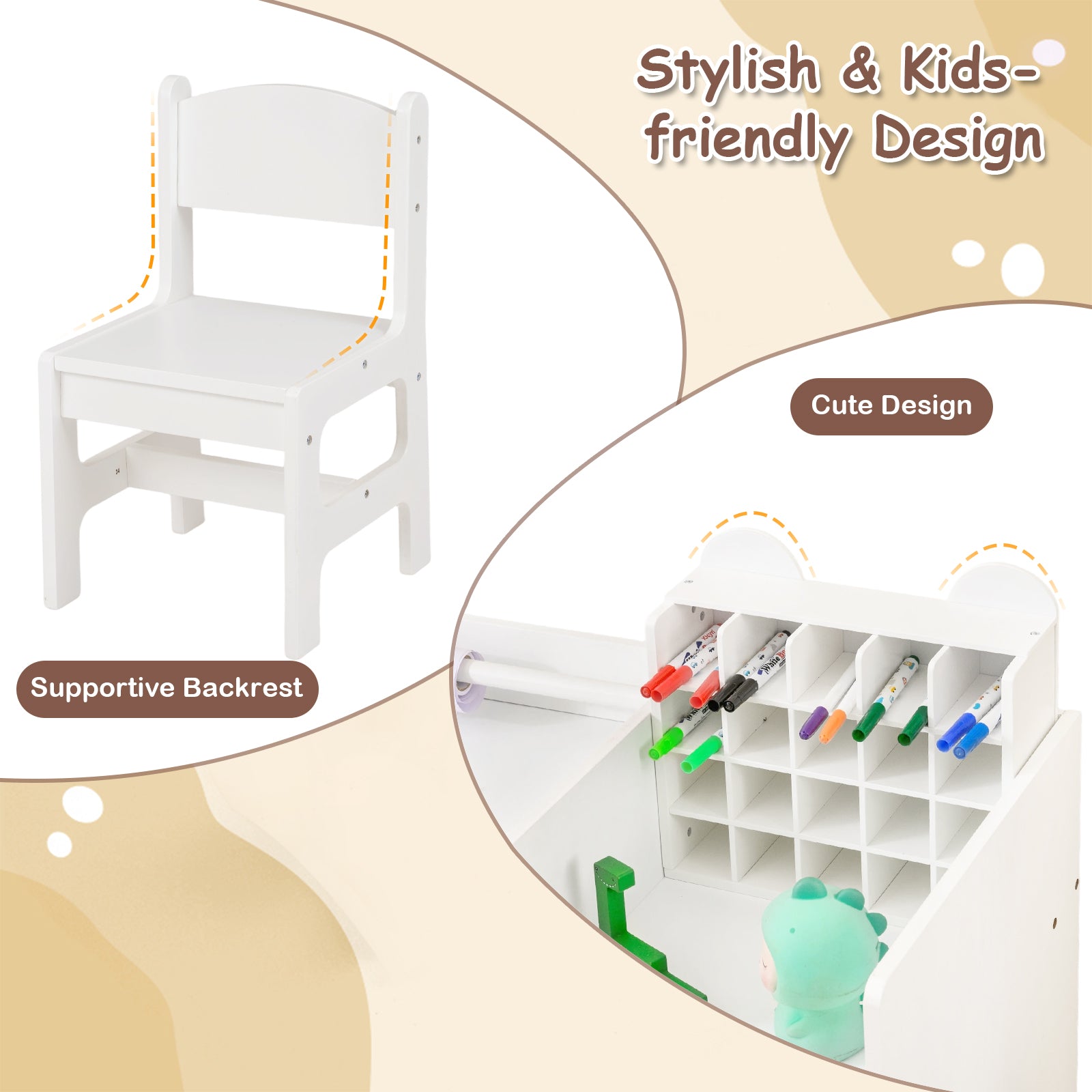 Kids Art Table and Chair Set with Detachable Paper Roll Holder and Cabinet, White Kids Table & Chair Sets at Gallery Canada