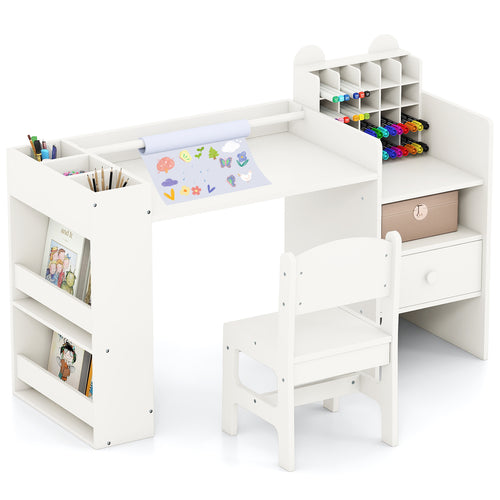 Kids Art Table and Chair Set with Detachable Paper Roll Holder and Cabinet, White