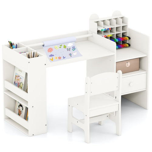 Kids Art Table and Chair Set with Detachable Paper Roll Holder and Cabinet, White