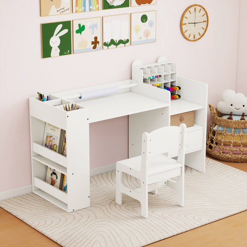 Kids Art Table and Chair Set with Detachable Paper Roll Holder and Cabinet, White