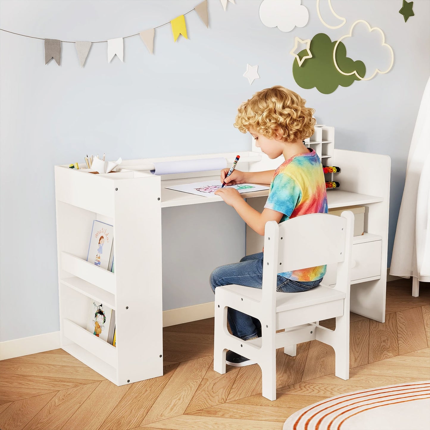 Kids Art Table and Chair Set with Detachable Paper Roll Holder and Cabinet, White Kids Table & Chair Sets at Gallery Canada