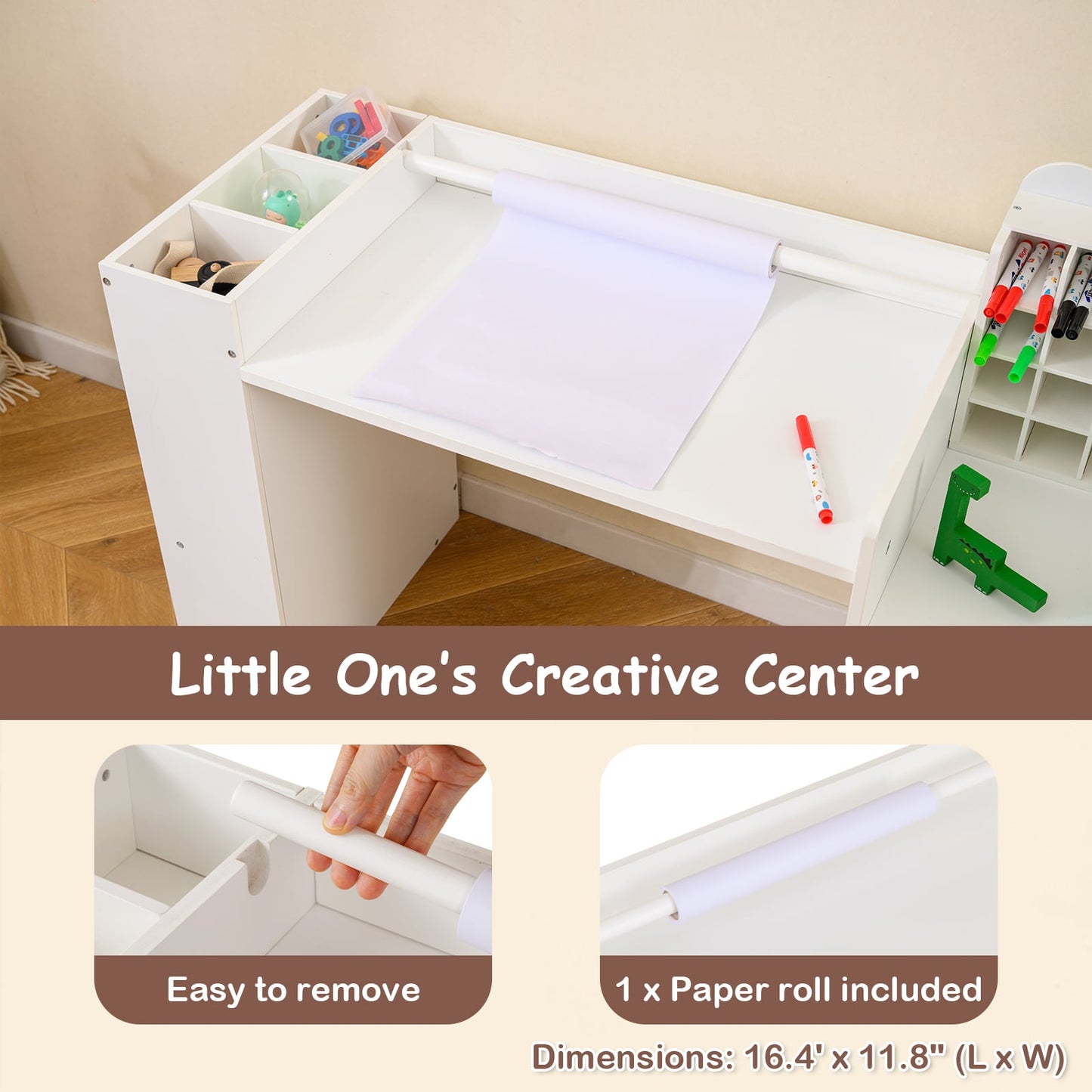 Kids Art Table and Chair Set with Detachable Paper Roll Holder and Cabinet, White Kids Table & Chair Sets at Gallery Canada