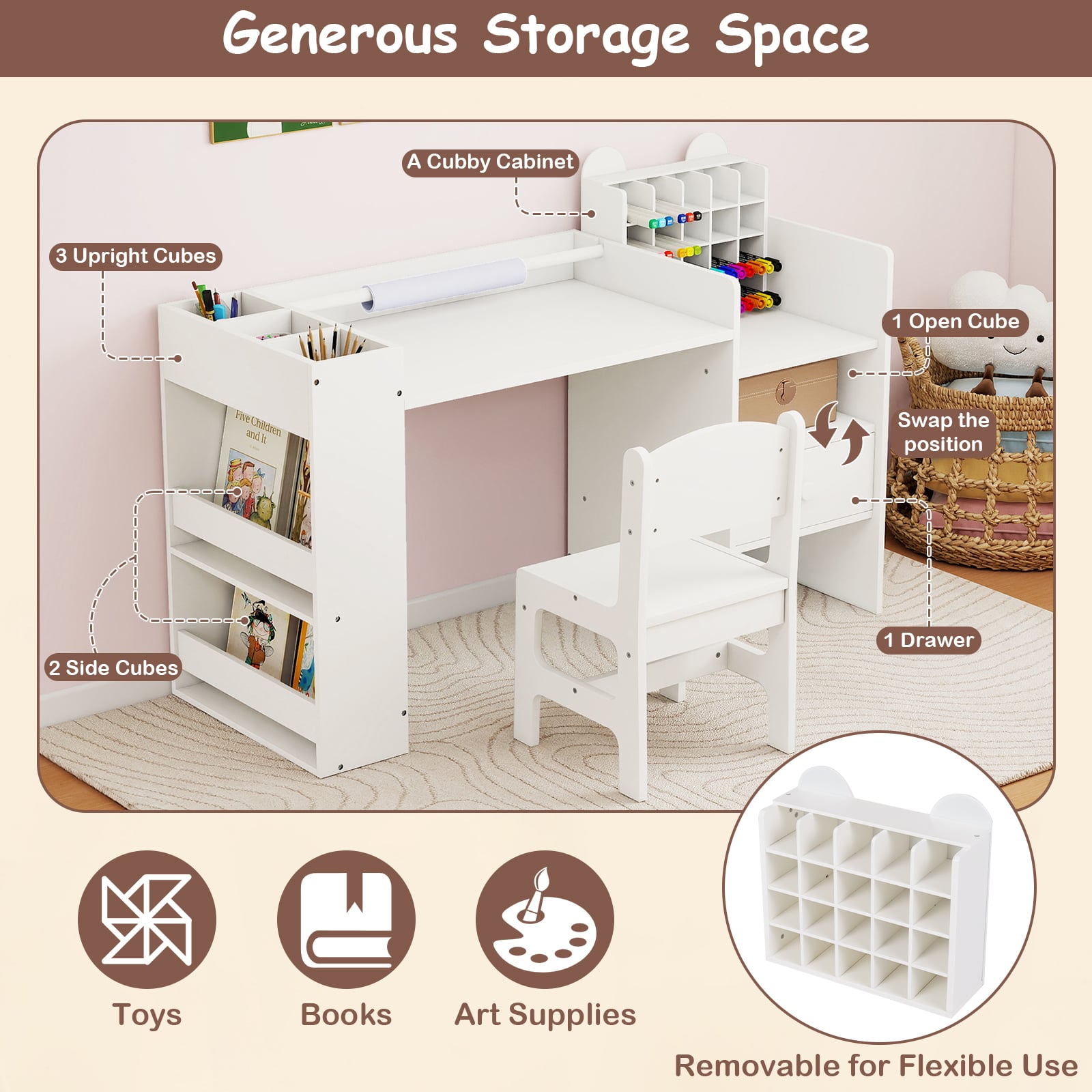 Kids Art Table and Chair Set with Detachable Paper Roll Holder and Cabinet, White Kids Table & Chair Sets at Gallery Canada