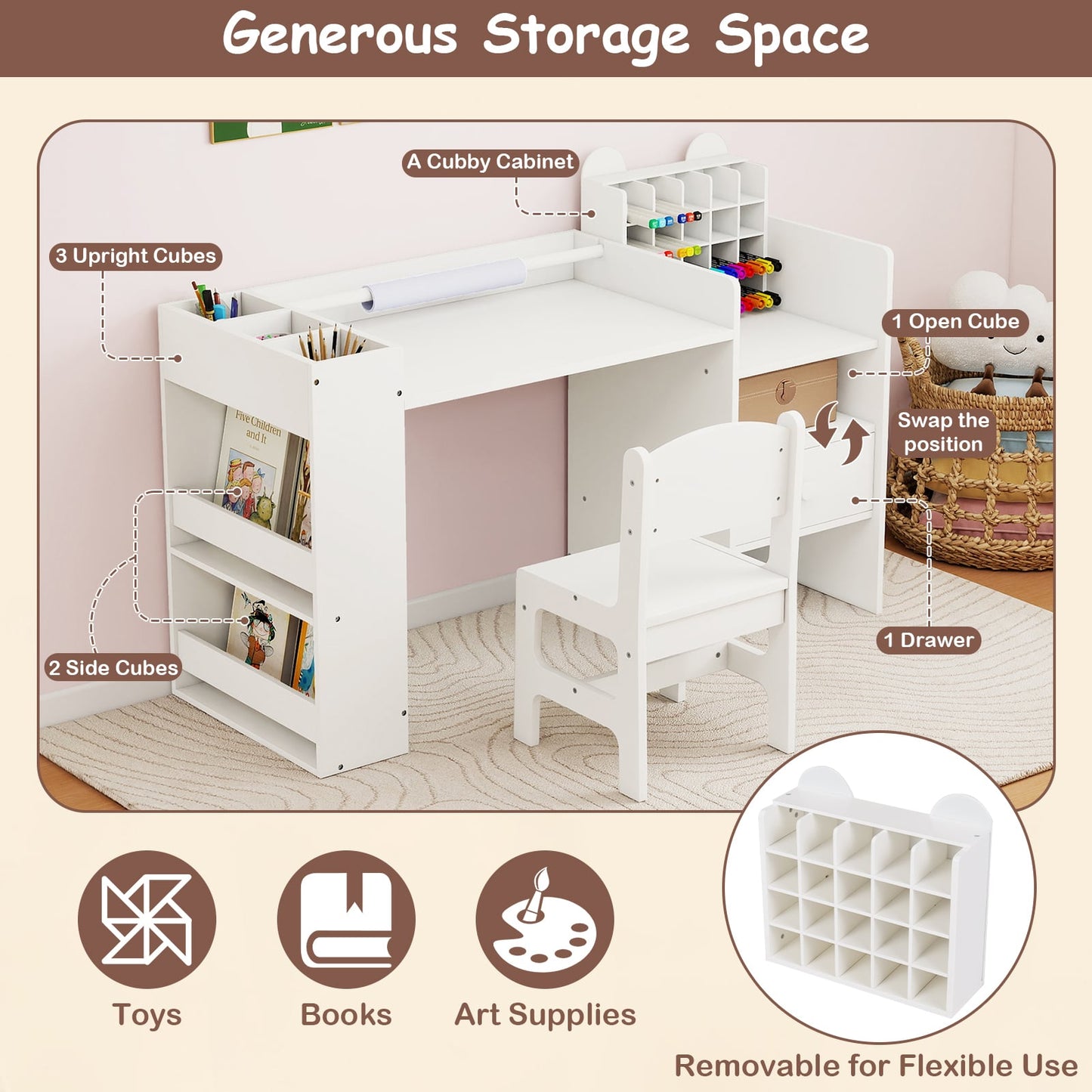 Kids Art Table and Chair Set with Detachable Paper Roll Holder and Cabinet, White Kids Table & Chair Sets at Gallery Canada
