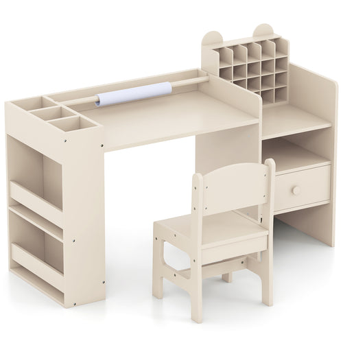 Kids Art Table And Chair Set With Paper Roll Holder, Natural