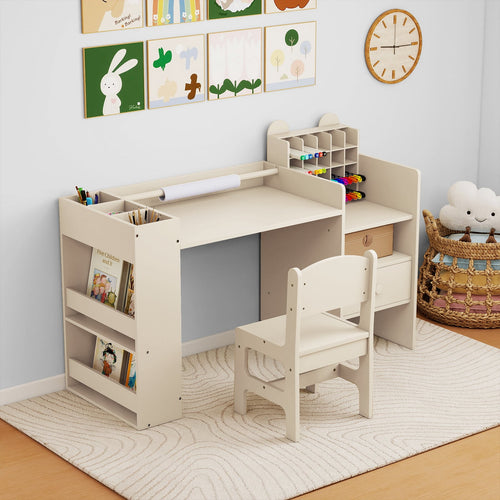 Kids Art Table And Chair Set With Paper Roll Holder, Natural