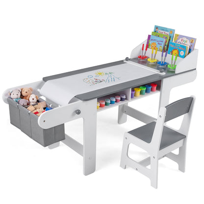Kids Art Table and Chair with Paper Roll and Fabric Bins for Drawing Reading Studying Playing, Gray Kids Table & Chair Sets Gray at Gallery Canada