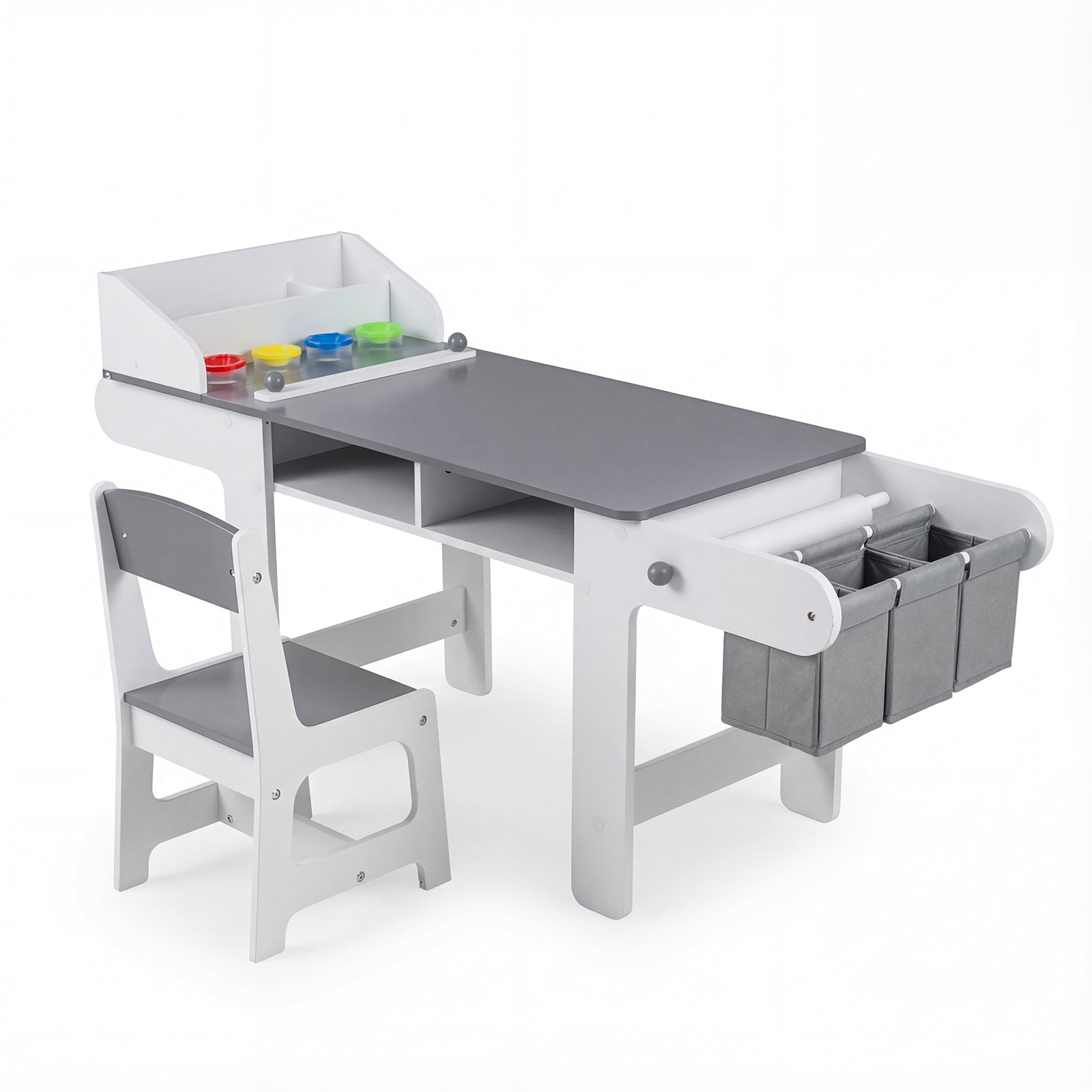 Kids Art Table and Chair with Paper Roll and Fabric Bins for Drawing Reading Studying Playing, Gray Kids Table & Chair Sets at Gallery Canada