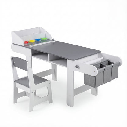 Kids Art Table and Chair with Paper Roll and Fabric Bins for Drawing Reading Studying Playing, Gray Kids Table & Chair Sets at Gallery Canada