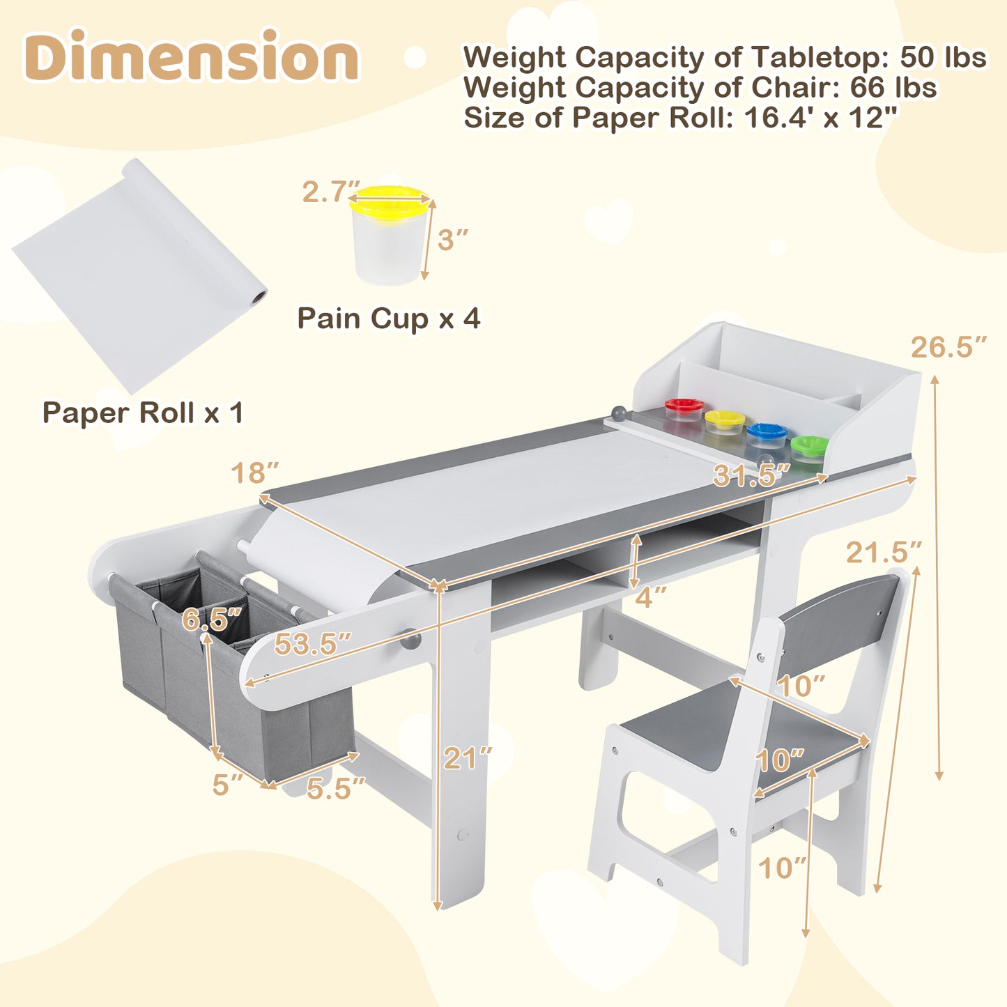 Kids Art Table and Chair with Paper Roll and Fabric Bins for Drawing Reading Studying Playing, Gray Kids Table & Chair Sets at Gallery Canada