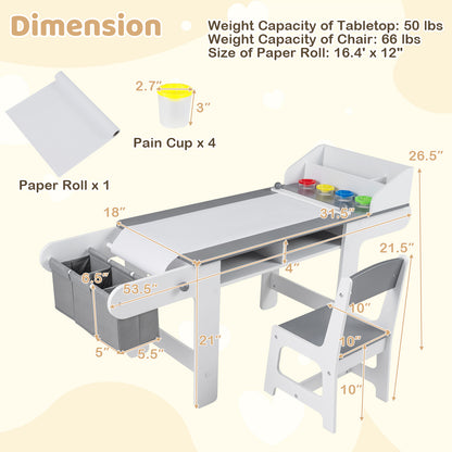 Kids Art Table and Chair with Paper Roll and Fabric Bins for Drawing Reading Studying Playing, Gray Kids Table & Chair Sets at Gallery Canada