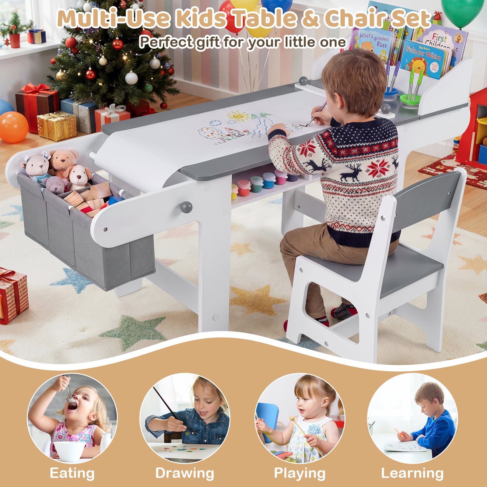 Kids Art Table and Chair with Paper Roll and Fabric Bins for Drawing Reading Studying Playing, Gray Kids Table & Chair Sets at Gallery Canada