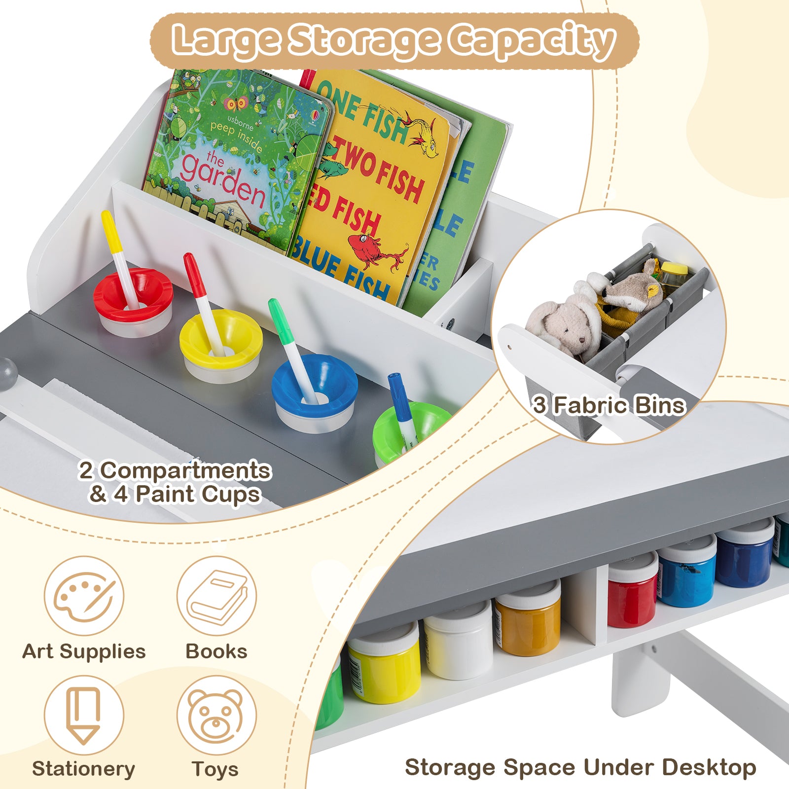 Kids Art Table and Chair with Paper Roll and Fabric Bins for Drawing Reading Studying Playing, Gray Kids Table & Chair Sets at Gallery Canada