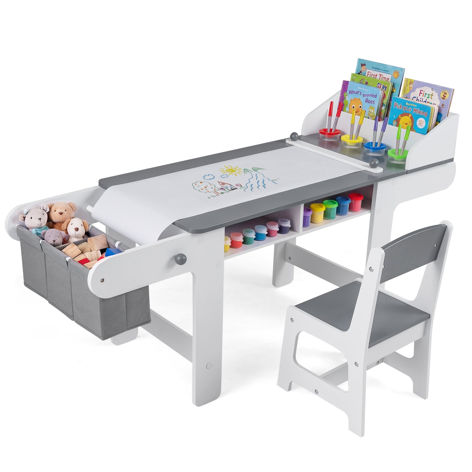 Kids Art Table and Chair with Paper Roll and Fabric Bins for Drawing Reading Studying Playing, Gray Kids Table & Chair Sets at Gallery Canada