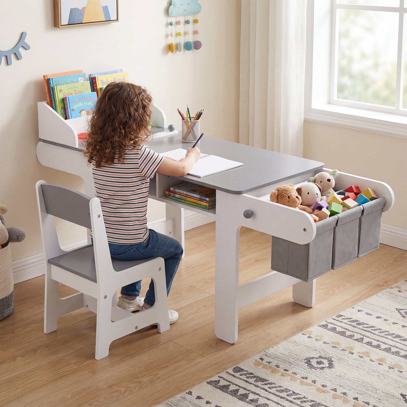 Kids Art Table and Chair with Paper Roll and Fabric Bins for Drawing Reading Studying Playing, Gray Kids Table & Chair Sets at Gallery Canada