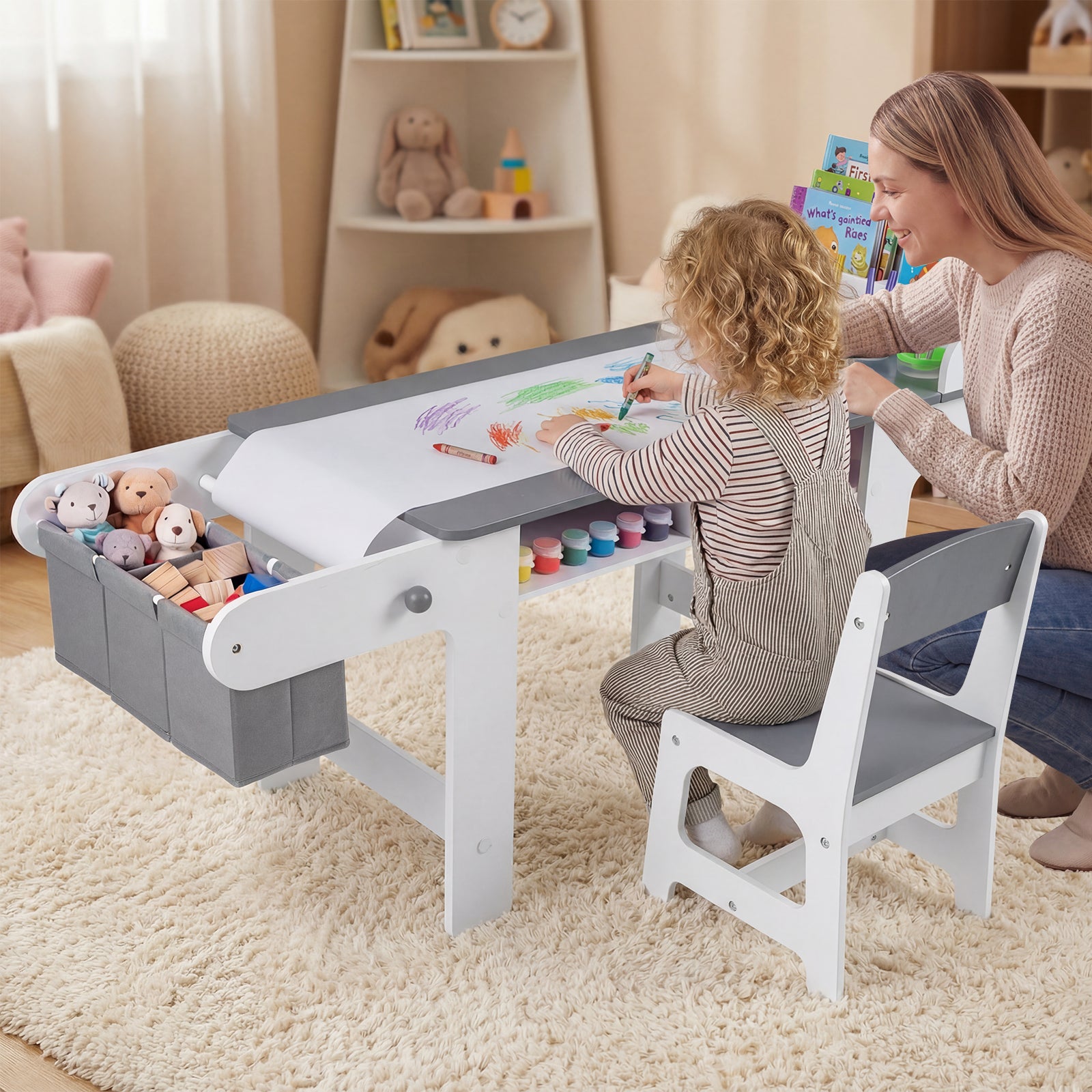 Kids Art Table and Chair with Paper Roll and Fabric Bins for Drawing Reading Studying Playing, Gray Kids Table & Chair Sets at Gallery Canada