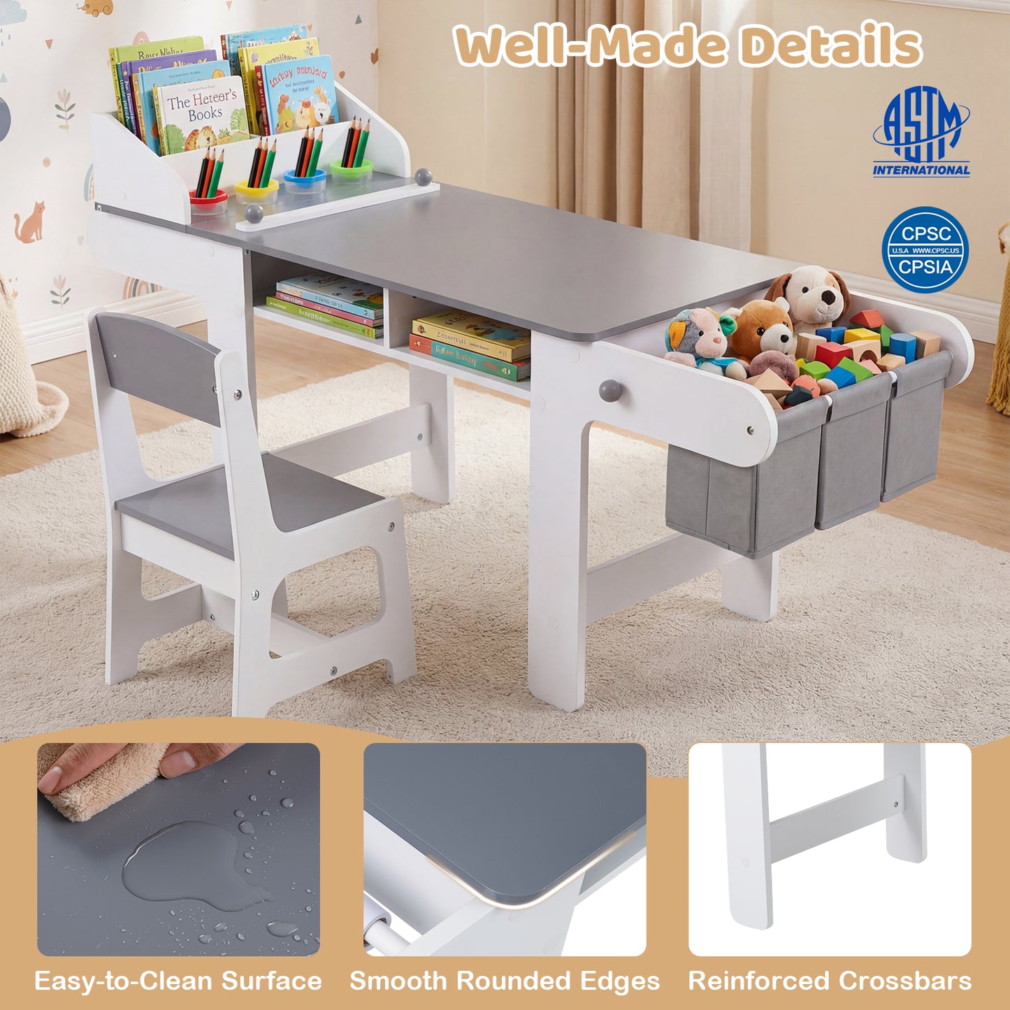 Kids Art Table and Chair with Paper Roll and Fabric Bins for Drawing Reading Studying Playing, Gray Kids Table & Chair Sets at Gallery Canada