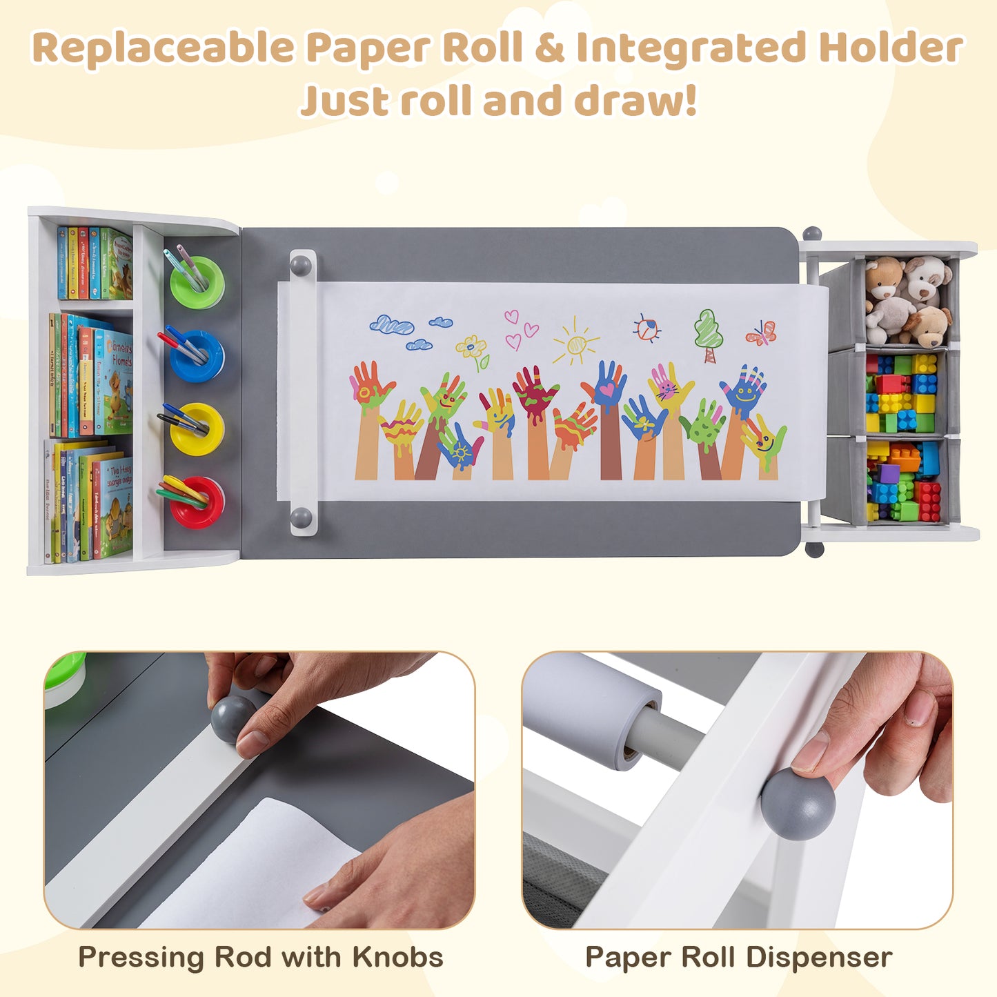 Kids Art Table and Chair with Paper Roll and Fabric Bins for Drawing Reading Studying Playing, Gray Kids Table & Chair Sets at Gallery Canada
