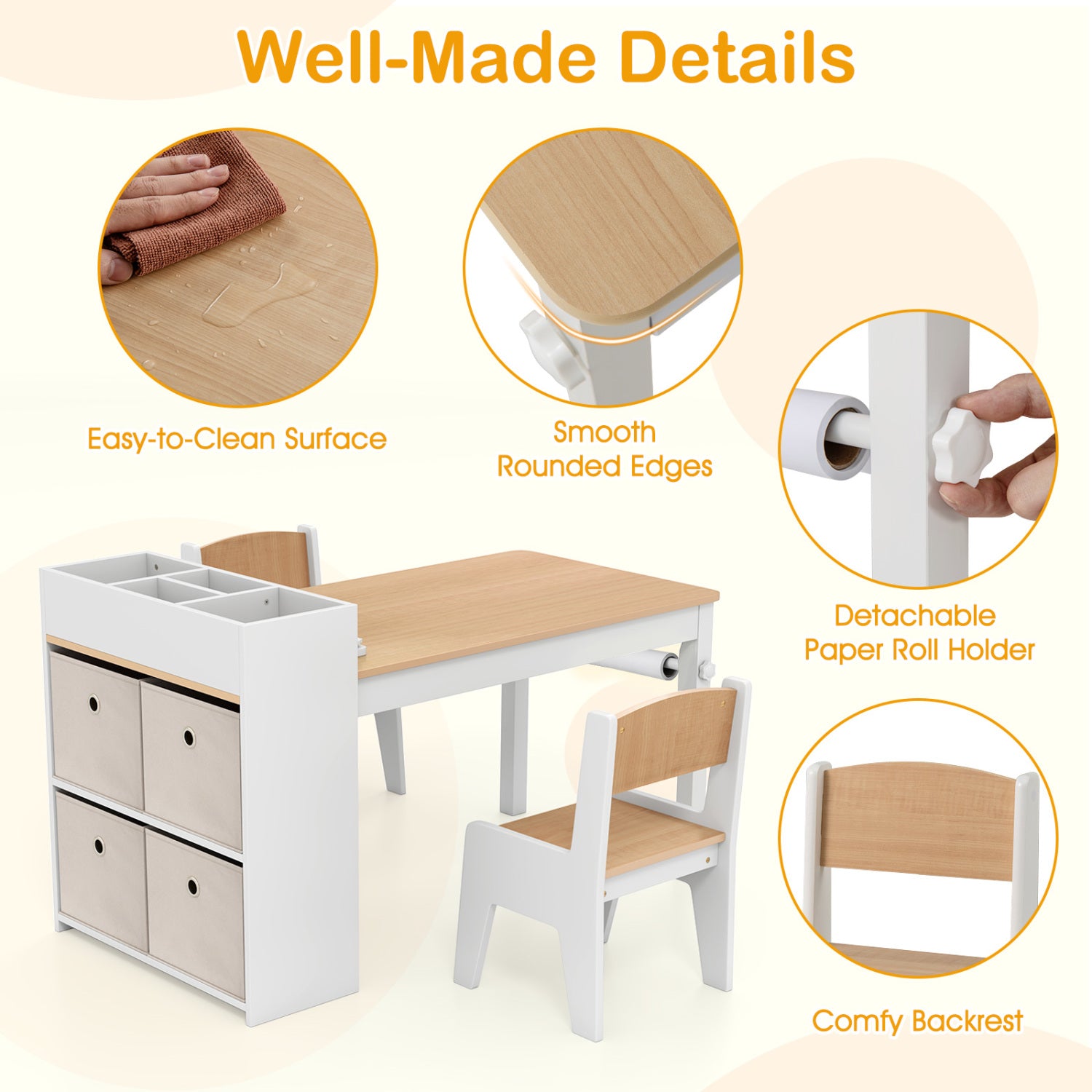 Kids Art Table And Chairs Set, 2 Chairs With Paper Roll, Natural Kids Table & Chair Sets at Gallery Canada