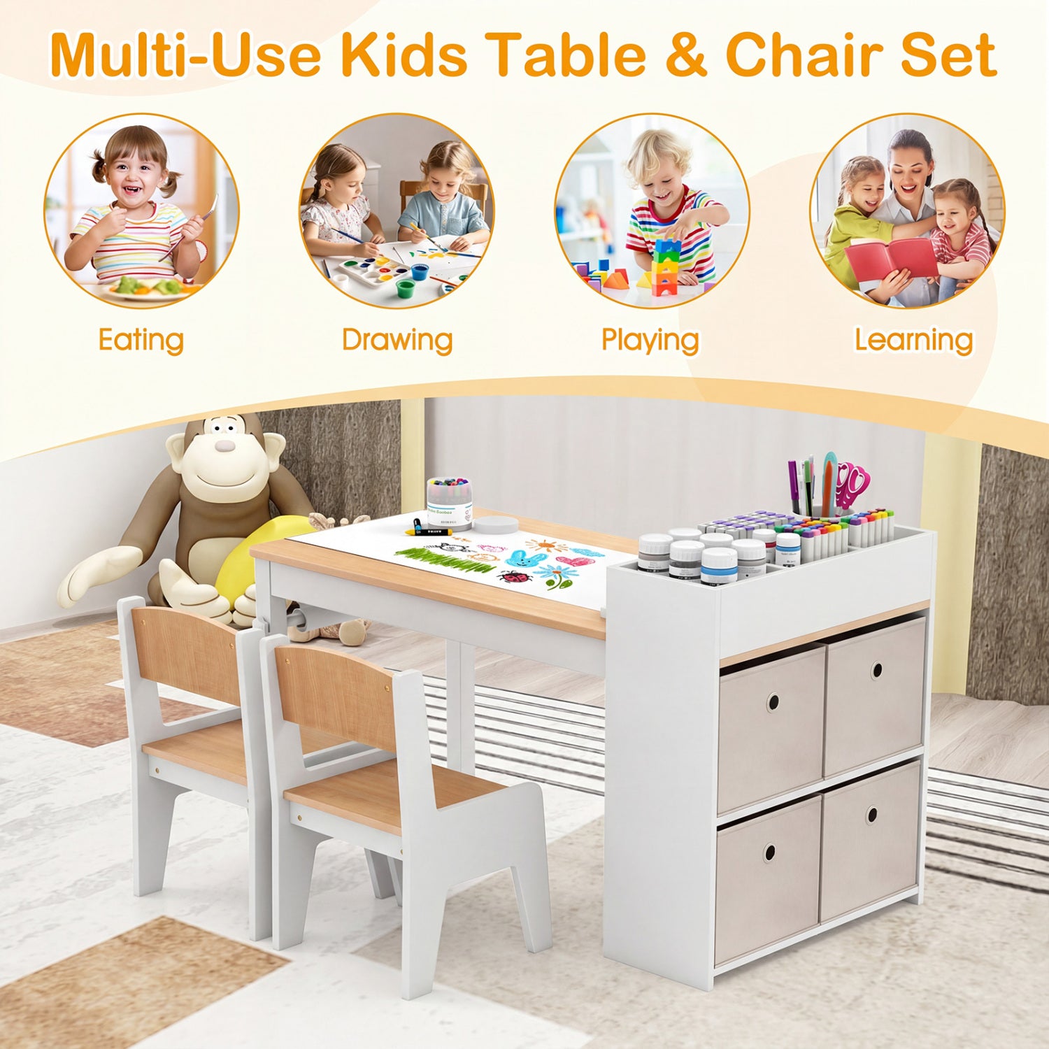 Kids Art Table And Chairs Set, 2 Chairs With Paper Roll, Natural Kids Table & Chair Sets at Gallery Canada
