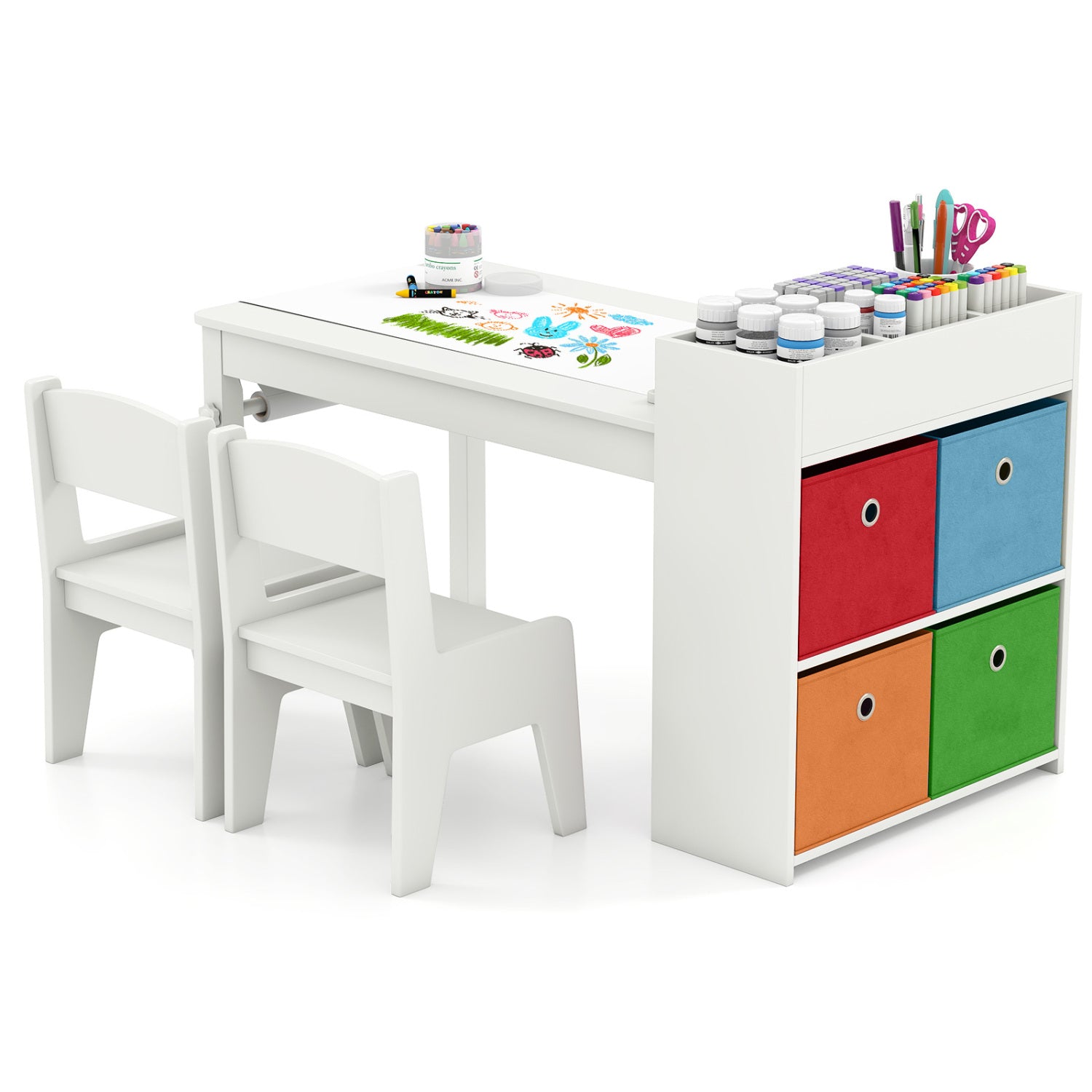Kids Art Table And Chairs Set, 2 Chairs With Paper Roll, White Kids Table & Chair Sets at Gallery Canada