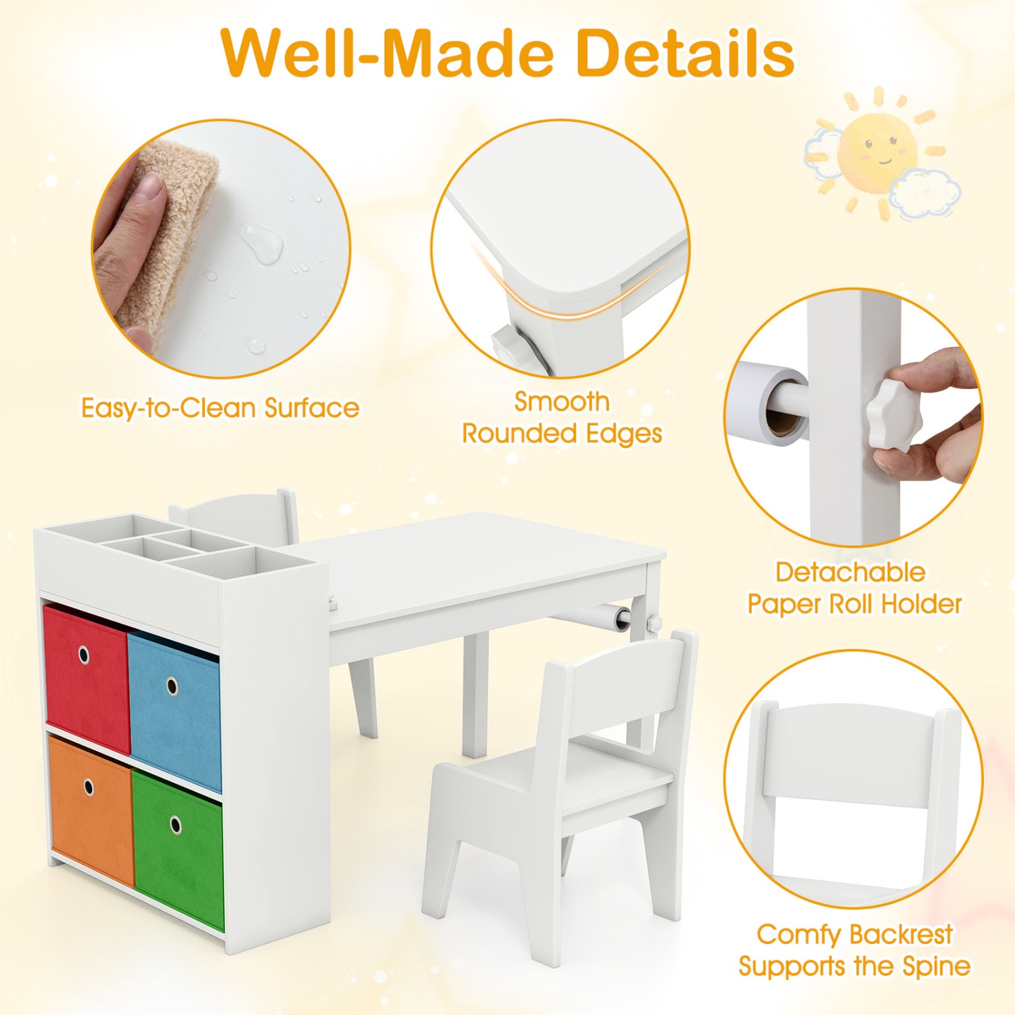 Kids Art Table And Chairs Set, 2 Chairs With Paper Roll, White Kids Table & Chair Sets at Gallery Canada
