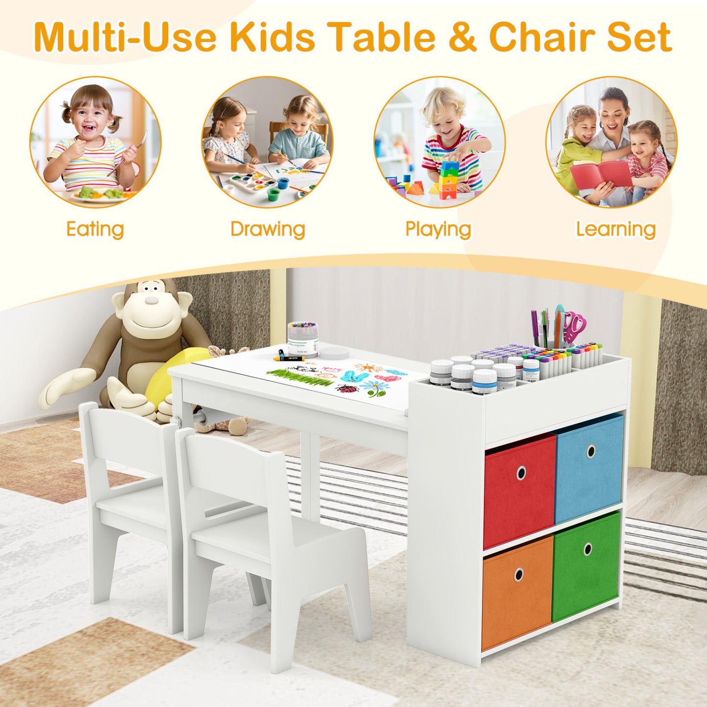 Kids Art Table And Chairs Set, 2 Chairs With Paper Roll, White Kids Table & Chair Sets at Gallery Canada