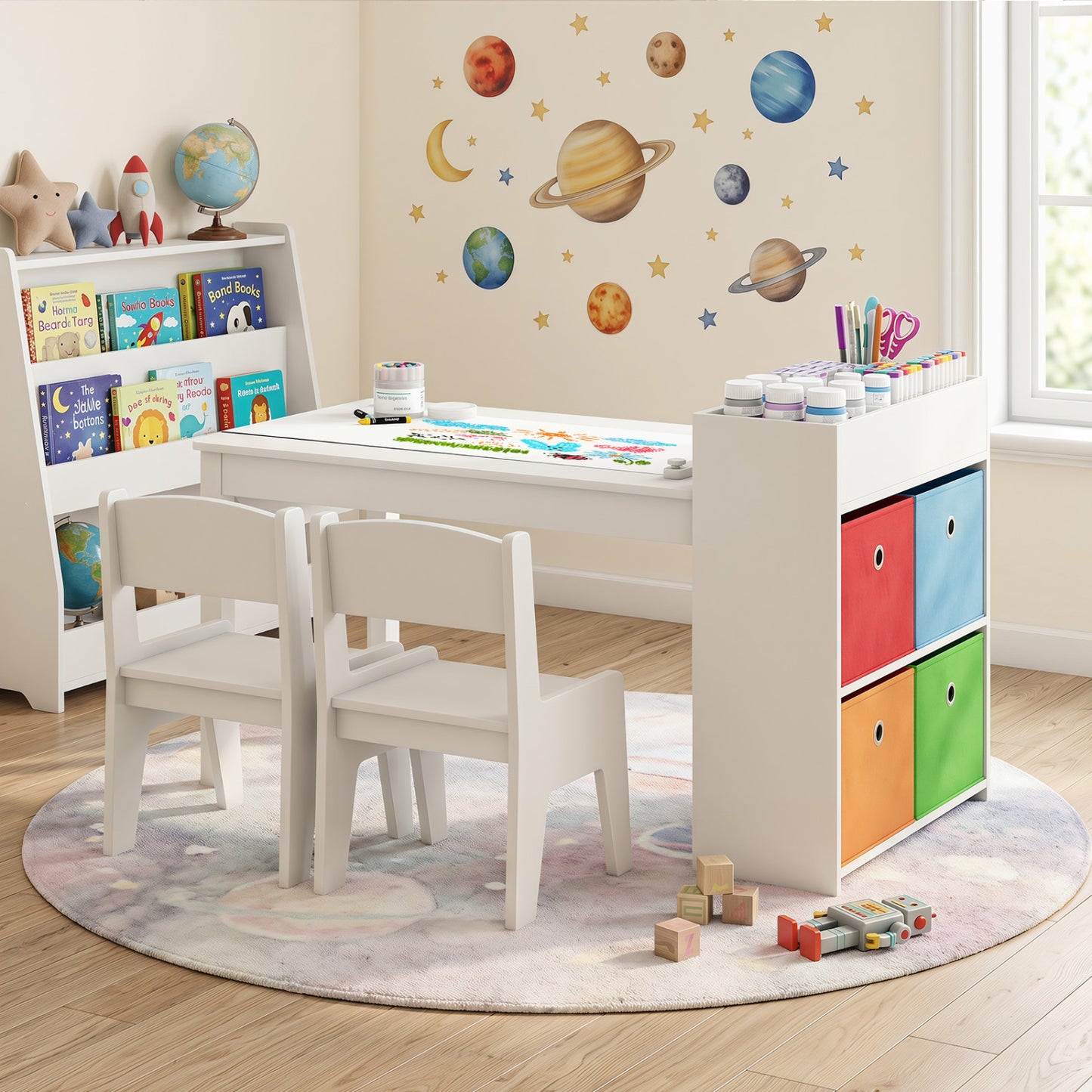 Kids Art Table And Chairs Set, 2 Chairs With Paper Roll, White Kids Table & Chair Sets at Gallery Canada