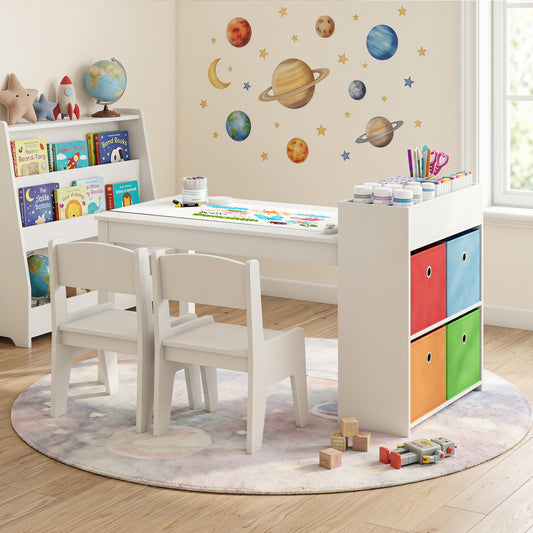 Kids Art Table And Chairs Set, 2 Chairs With Paper Roll, White