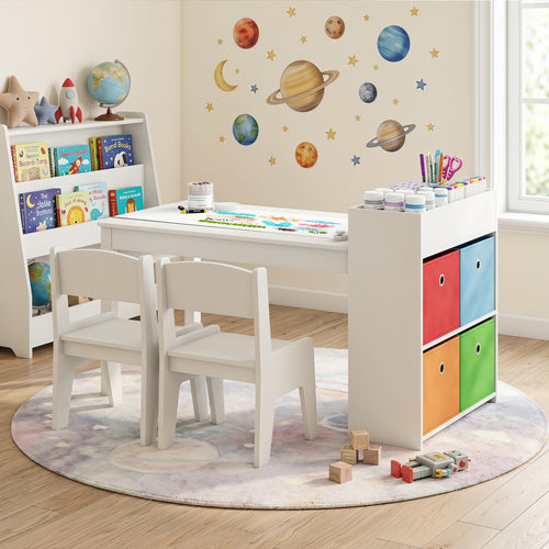 Kids Art Table And Chairs Set, 2 Chairs With Paper Roll, White