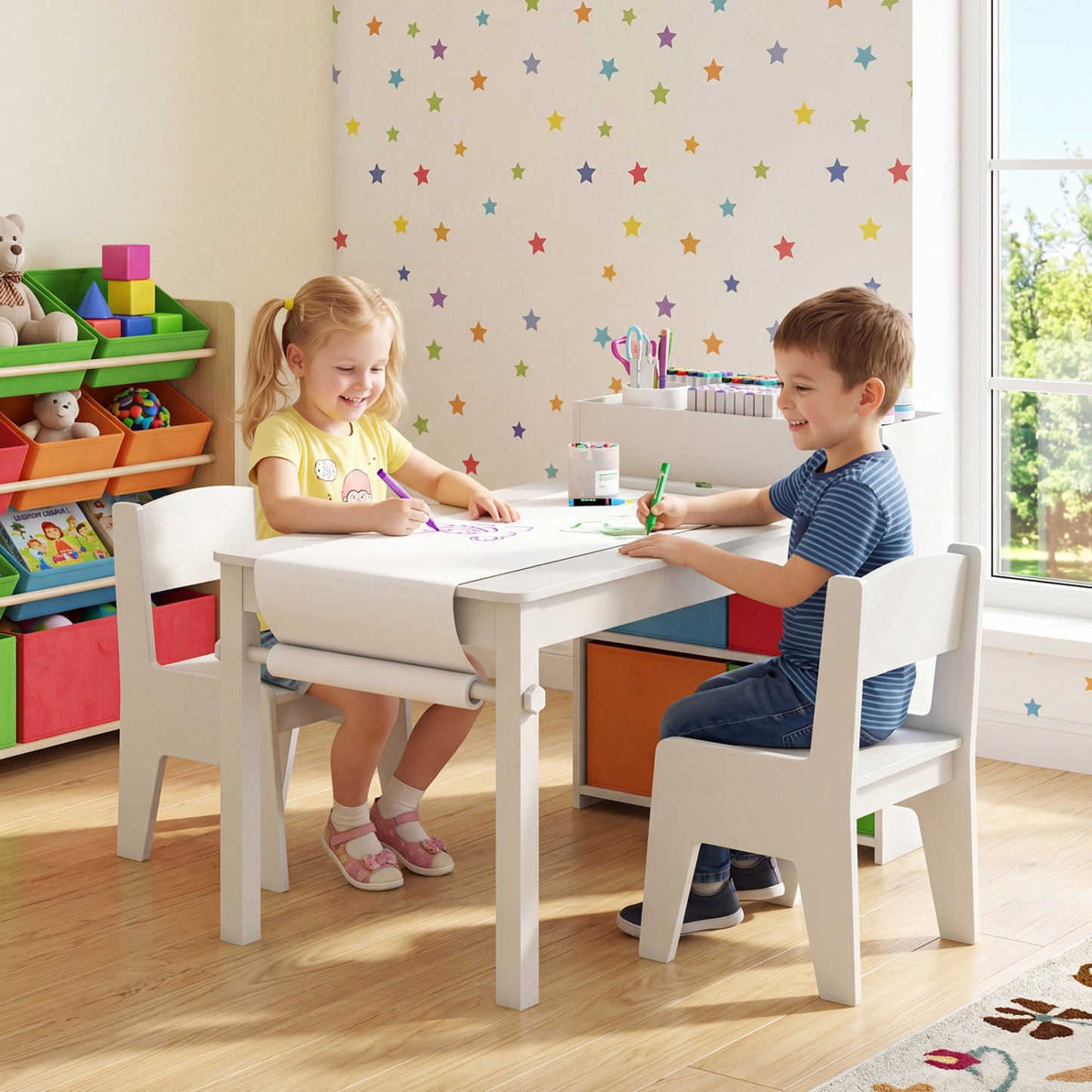 Kids Art Table And Chairs Set, 2 Chairs With Paper Roll, White Kids Table & Chair Sets at Gallery Canada