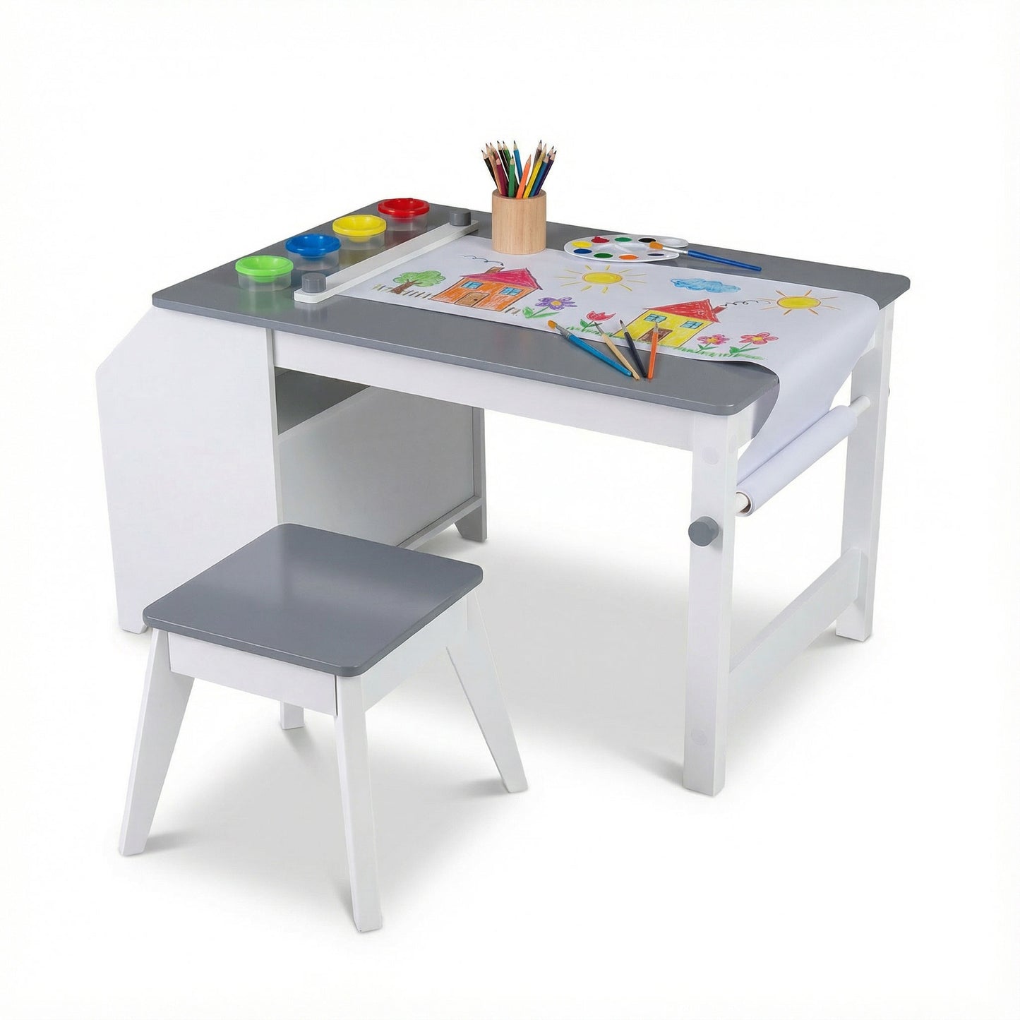 Kids Art Table and Stool Set Toddler Activity Desk with Paper Roll and 4 Paint Cups for Drawing Learning, Gray Kids Table & Chair Sets Gray at Gallery Canada