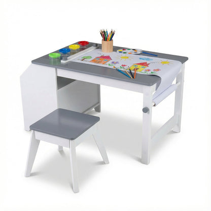 Kids Art Table and Stool Set Toddler Activity Desk with Paper Roll and 4 Paint Cups for Drawing Learning, Gray Kids Table & Chair Sets Gray at Gallery Canada