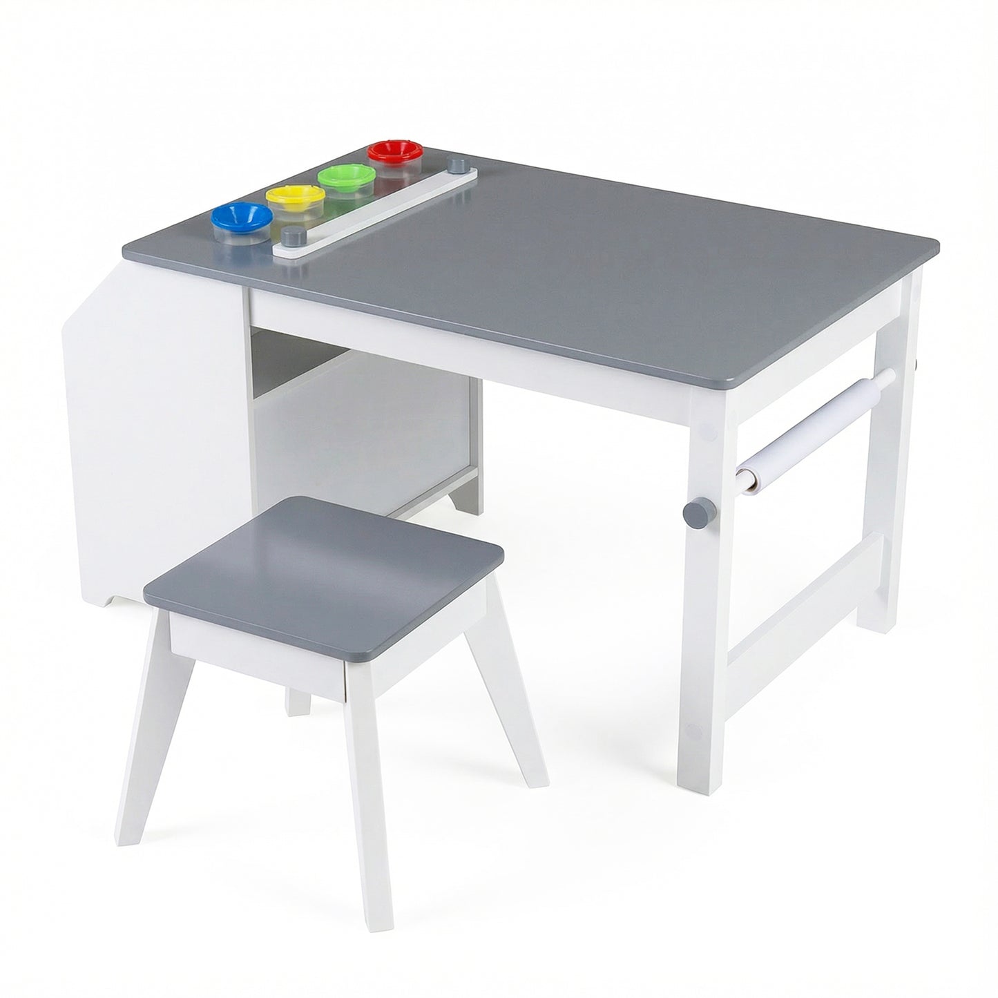 Kids Art Table and Stool Set Toddler Activity Desk with Paper Roll and 4 Paint Cups for Drawing Learning, Gray Kids Table & Chair Sets at Gallery Canada