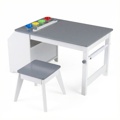 Kids Art Table and Stool Set Toddler Activity Desk with Paper Roll and 4 Paint Cups for Drawing Learning, Gray Kids Table & Chair Sets at Gallery Canada