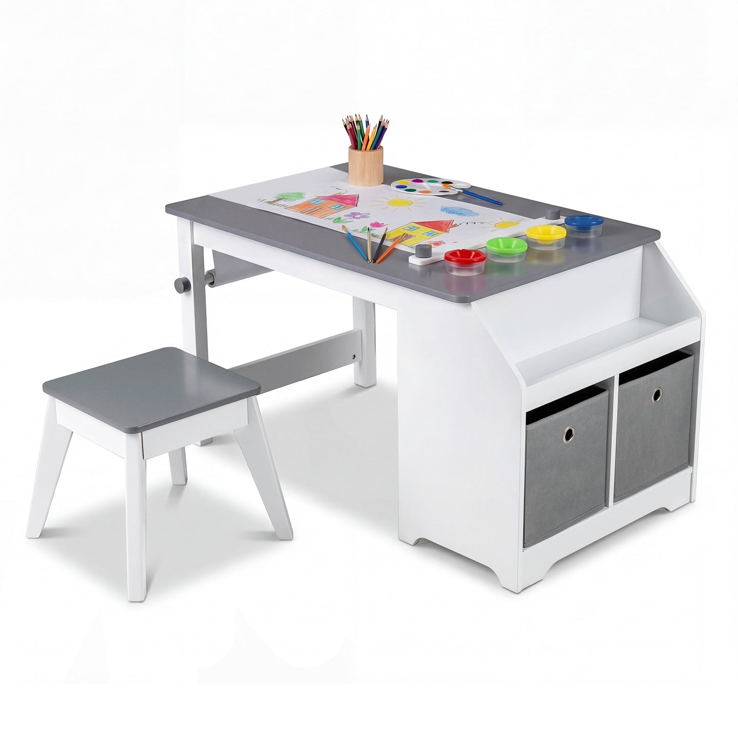 Kids Art Table and Stool Set Toddler Activity Desk with Paper Roll and 4 Paint Cups for Drawing Learning, Gray Kids Table & Chair Sets at Gallery Canada