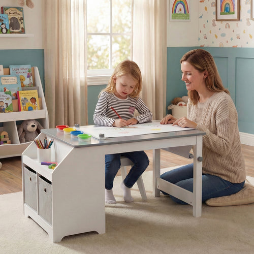 Kids Art Table and Stool Set Toddler Activity Desk with Paper Roll and 4 Paint Cups for Drawing Learning, Gray