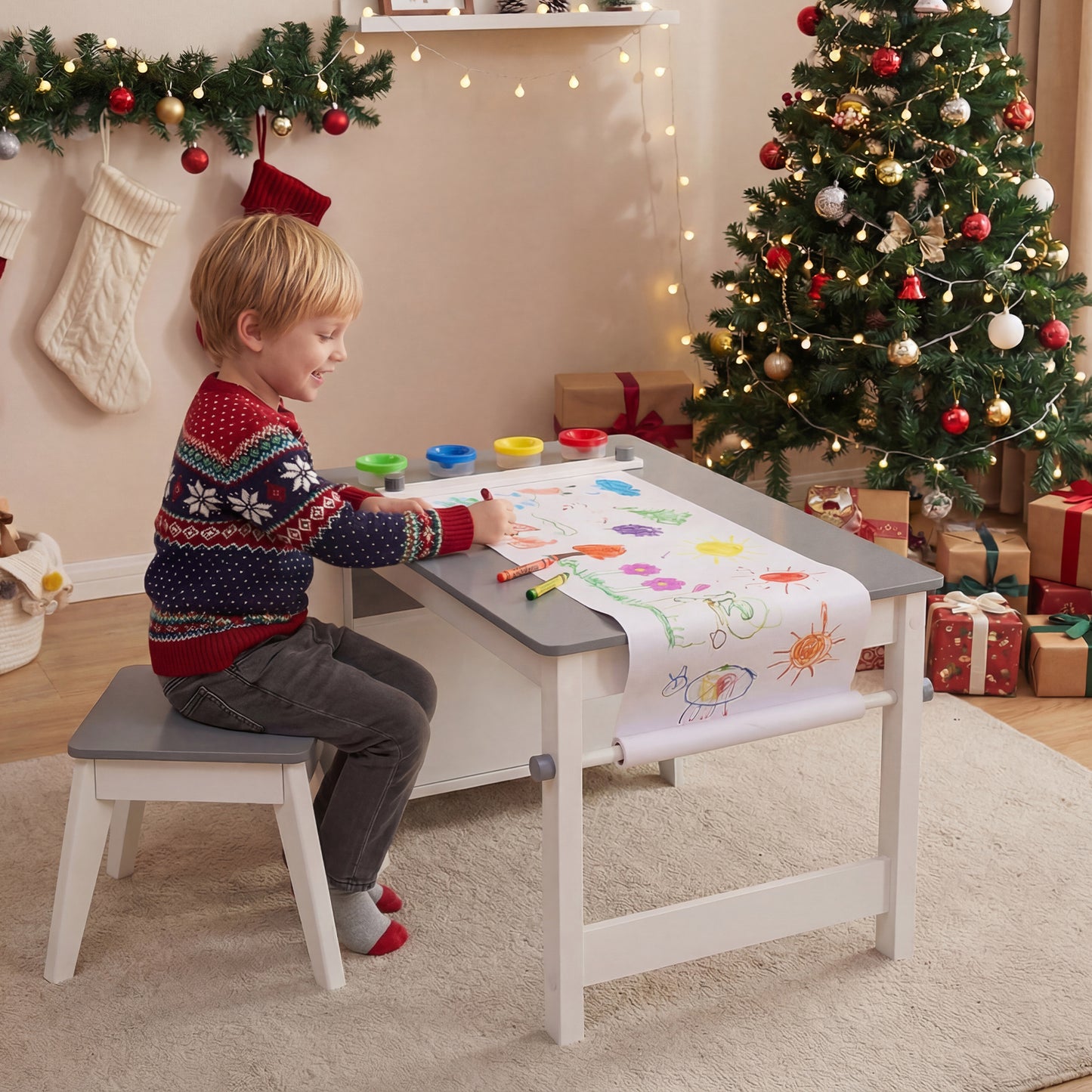 Kids Art Table and Stool Set Toddler Activity Desk with Paper Roll and 4 Paint Cups for Drawing Learning, Gray Kids Table & Chair Sets at Gallery Canada