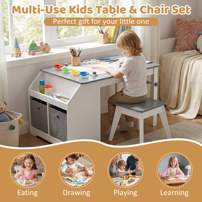 Kids Art Table and Stool Set Toddler Activity Desk with Paper Roll and 4 Paint Cups for Drawing Learning, Gray Kids Table & Chair Sets at Gallery Canada