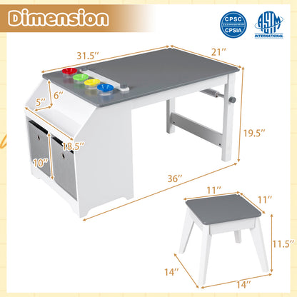 Kids Art Table and Stool Set Toddler Activity Desk with Paper Roll and 4 Paint Cups for Drawing Learning, Gray Kids Table & Chair Sets at Gallery Canada