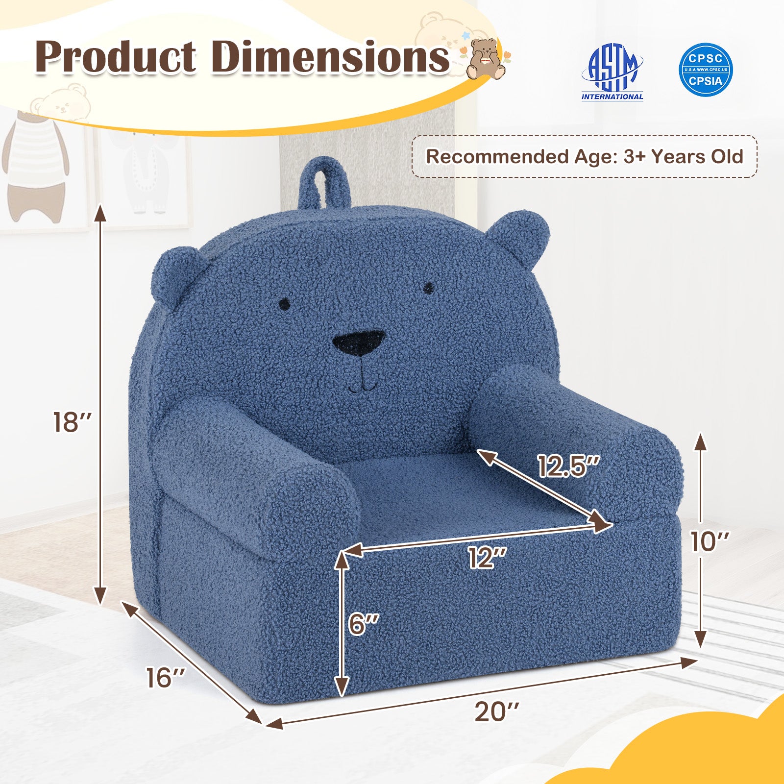 Kids Bear Sofa, Toddler Foam Couch, Soft Fleece Cover, Navy Kids Chairs & Seating at Gallery Canada