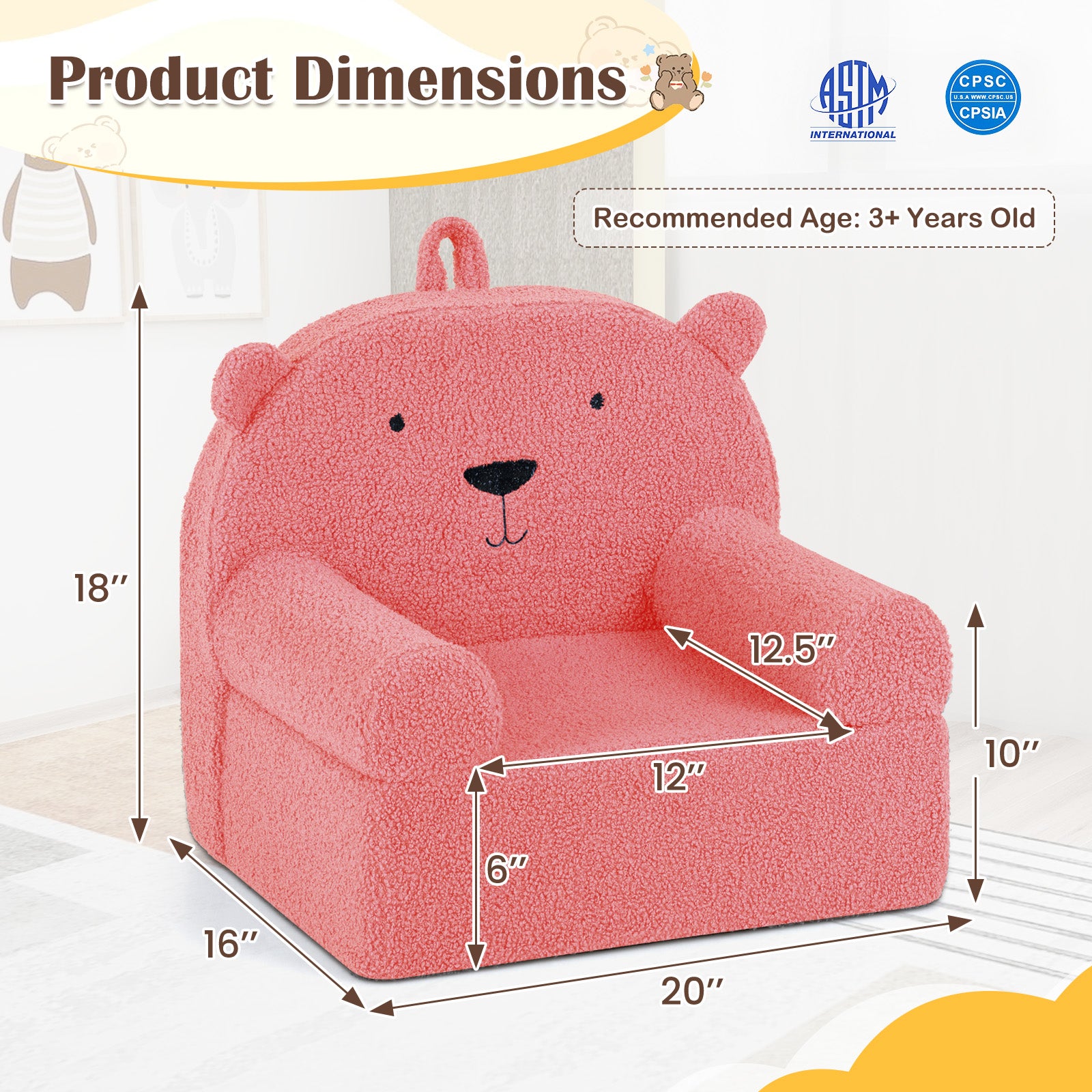 Kids Bear Sofa, Toddler Foam Couch, Soft Fleece Fabric Cover, Pink Kids Chairs & Seating at Gallery Canada