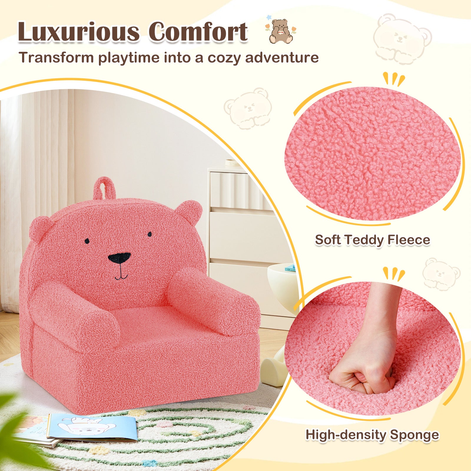 Kids Bear Sofa, Toddler Foam Couch, Soft Fleece Fabric Cover, Pink Kids Chairs & Seating at Gallery Canada
