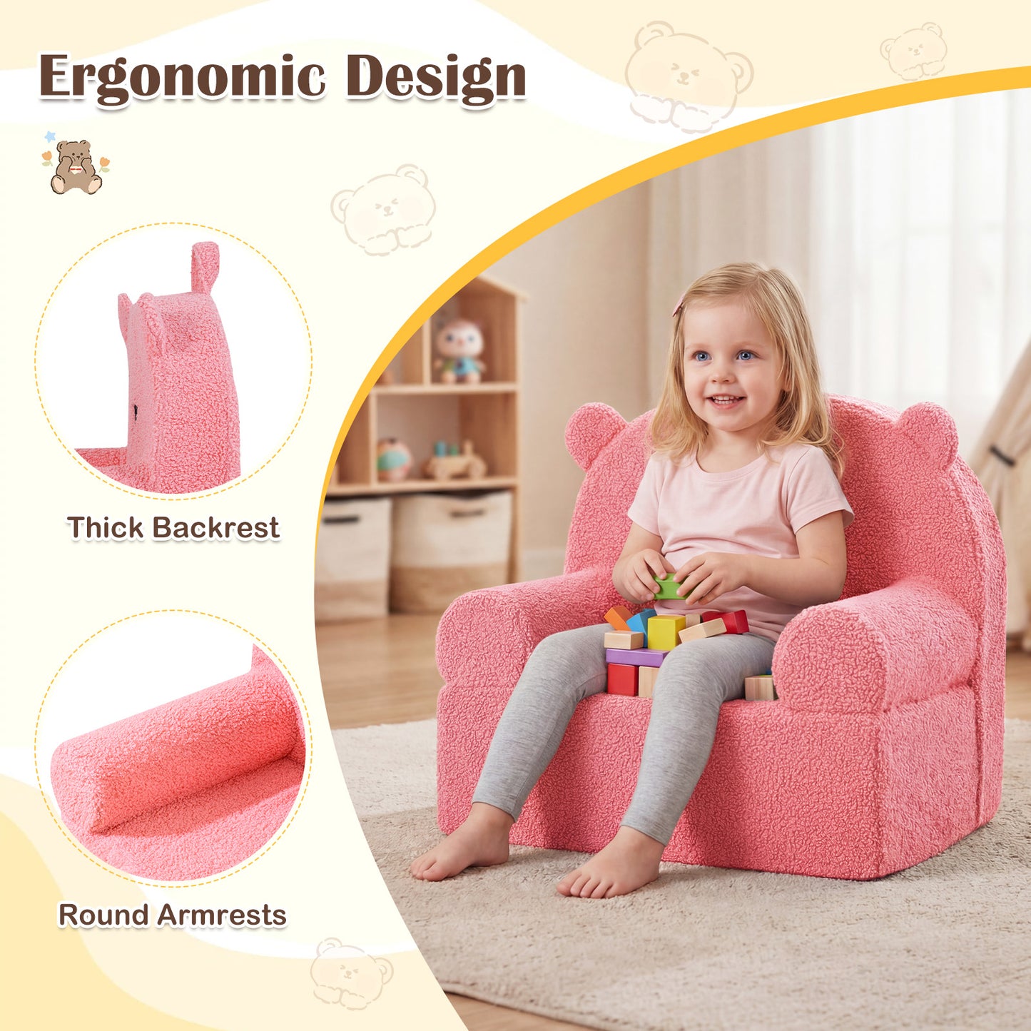 Kids Bear Sofa, Toddler Foam Couch, Soft Fleece Fabric Cover, Pink Kids Chairs & Seating at Gallery Canada