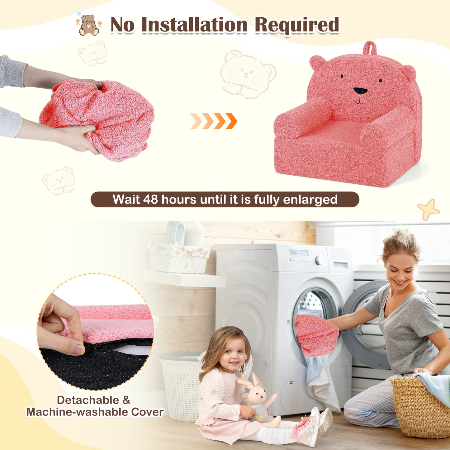 Kids Bear Sofa, Toddler Foam Couch, Soft Fleece Fabric Cover, Pink Kids Chairs & Seating at Gallery Canada