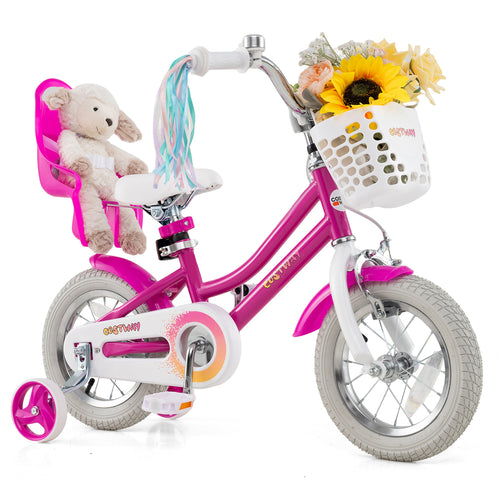 Kids Bike 12 Inch, Training Wheels, 2 Brake System, Rose Red