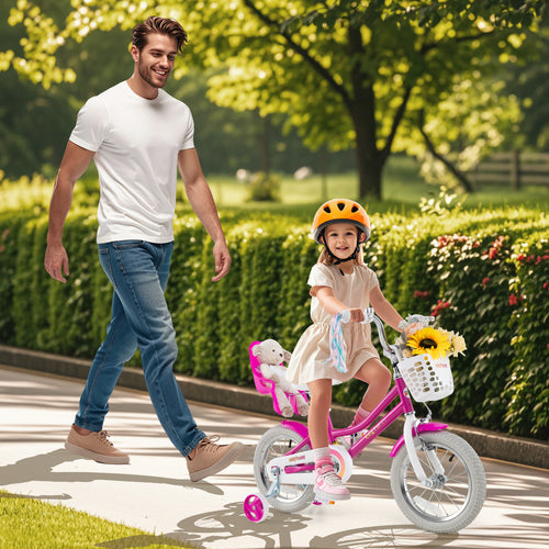 Kids Bike 12 Inch, Training Wheels, 2 Brake System, Rose Red