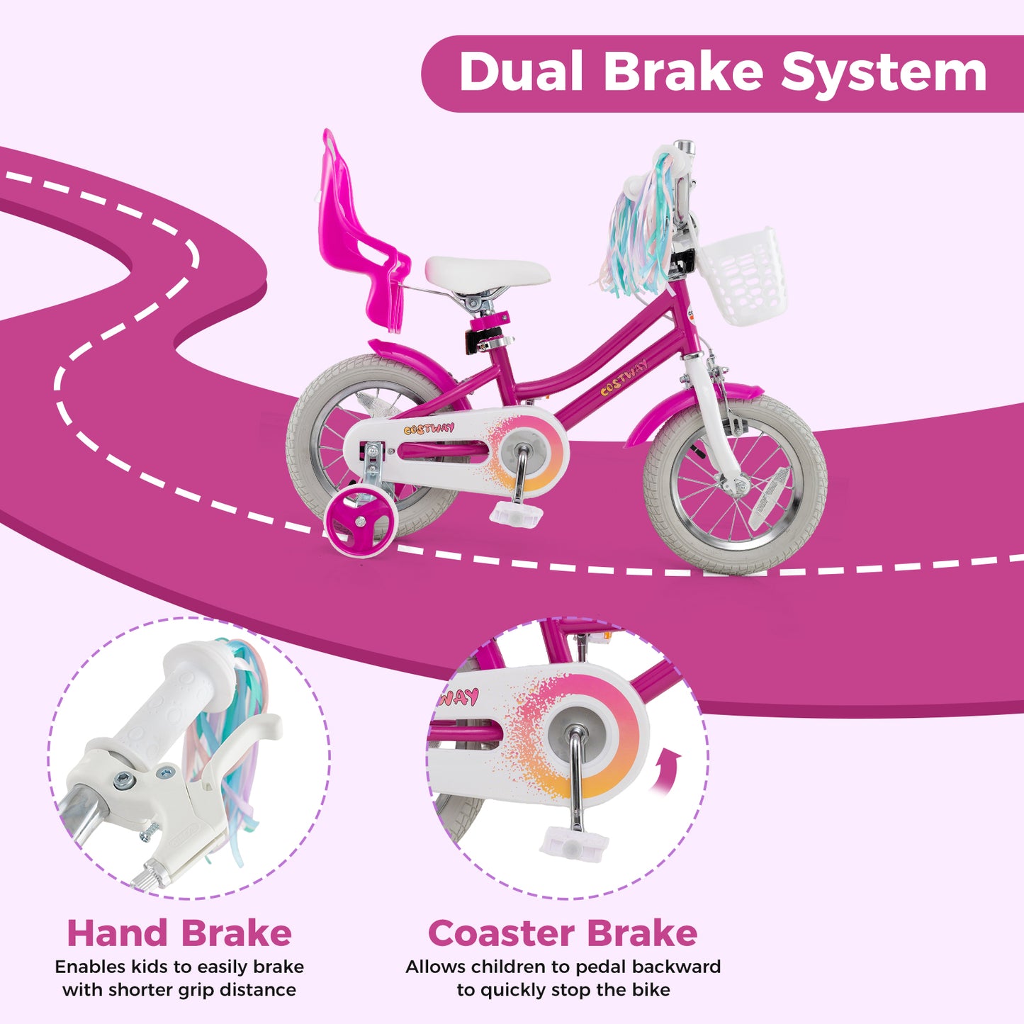 Kids Bike 12 Inch, Training Wheels, 2 Brake System, Rose Red Kids Bike at Gallery Canada