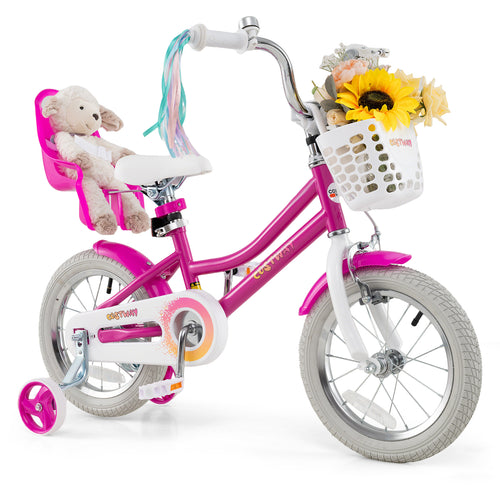 Kids Bike 14 Inch, Training Wheels, 2 Brake System, Rose Red