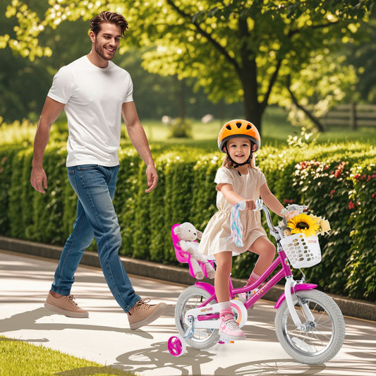 Kids Bike 14 Inch, Training Wheels, 2 Brake System, Rose Red Kids Bike Rose Red at Gallery Canada